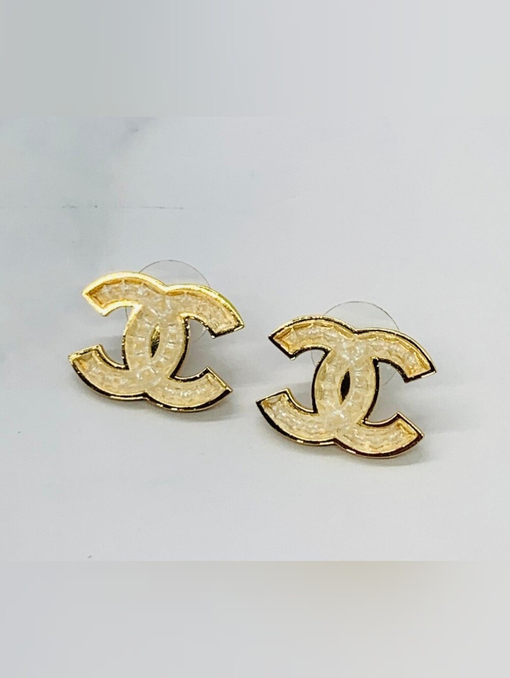 Authentic Chanel 24A Gold Plated Glitter Resin CC Stud Earrings